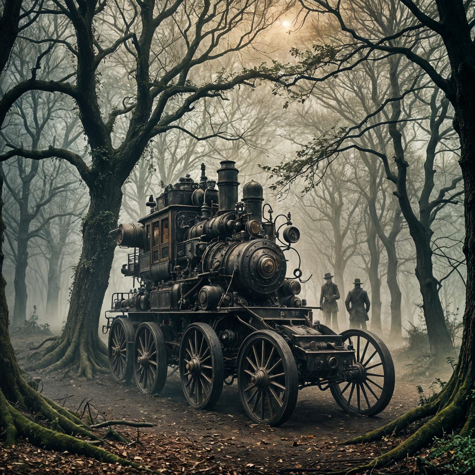 Eerie Steampunk Ghosts in Misty Twilight Forest