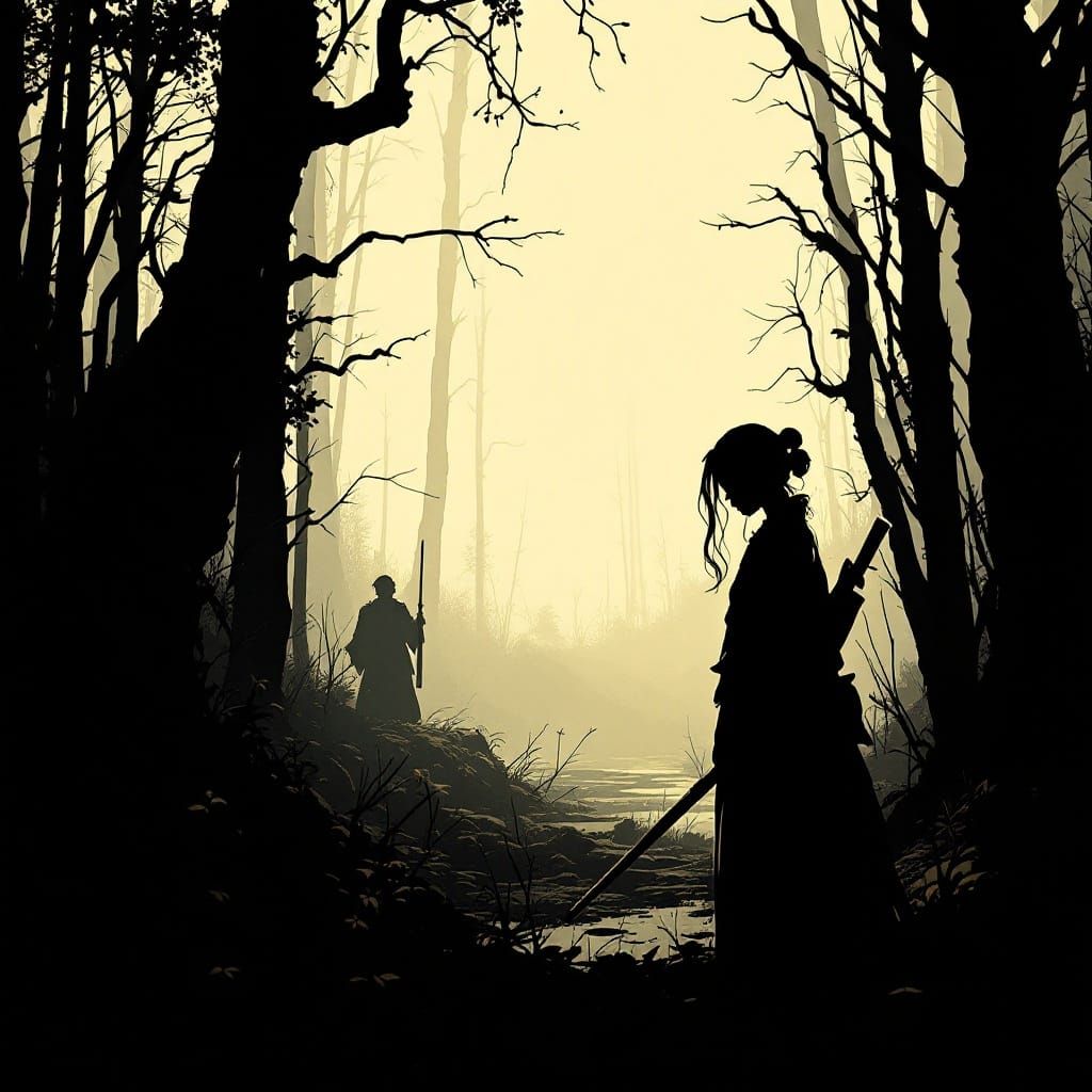 Ethereal Huntress in Japanese-Inspired 2D Ink Art