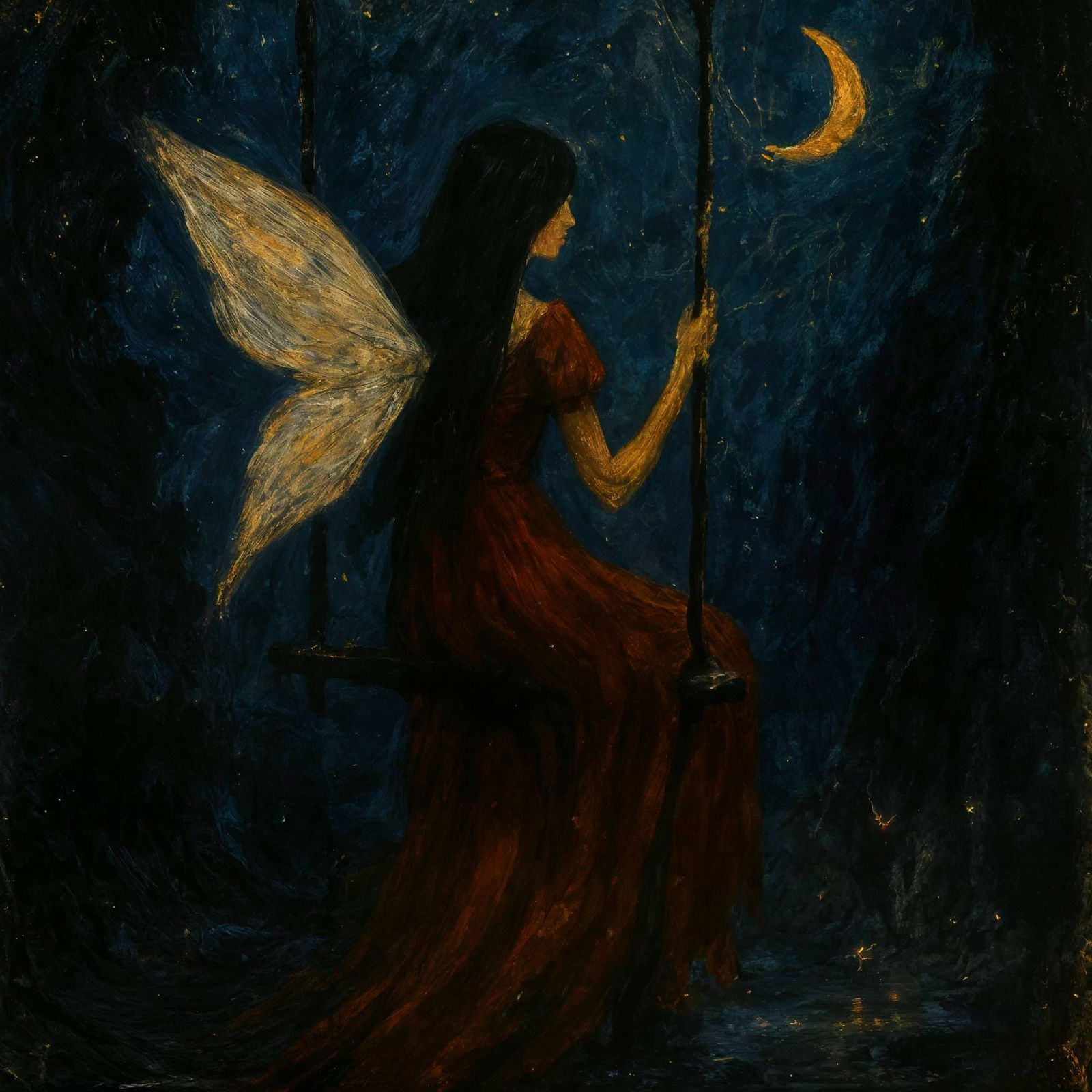 Mysterious Fairy in a Midnight Swing