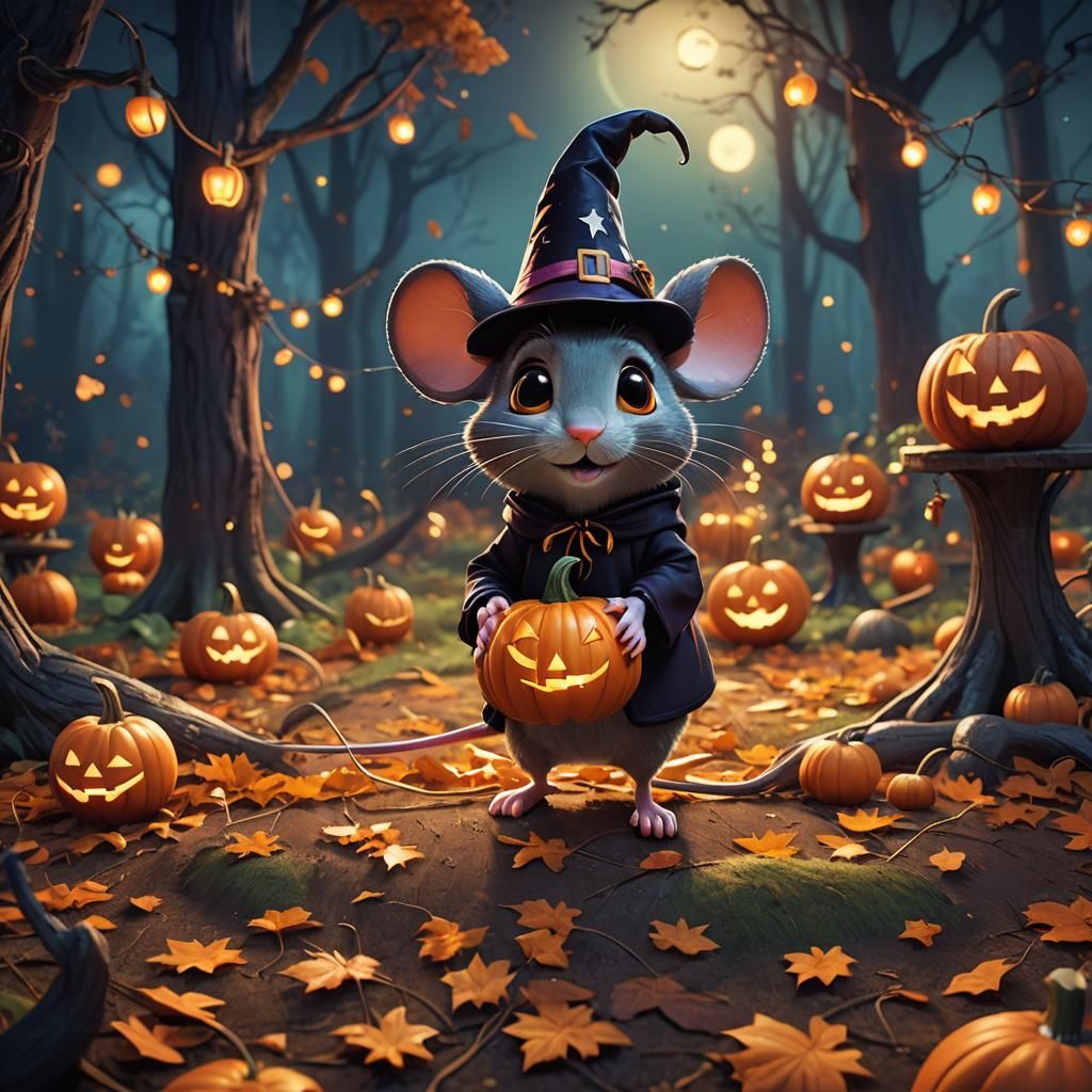 Cute Mouse in Costume on Pumpkin, Pixar-inspired 3D Art