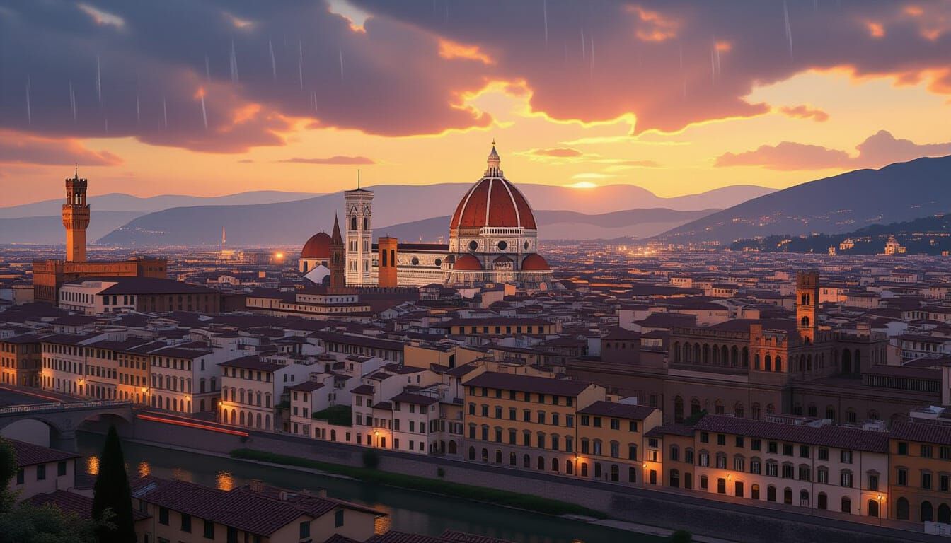 Florence Duomo Panorama at Sunset with Rain