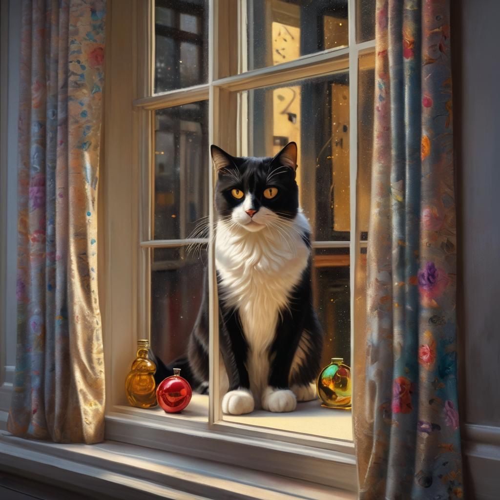Black Maine Coon Cat Waiting at Window