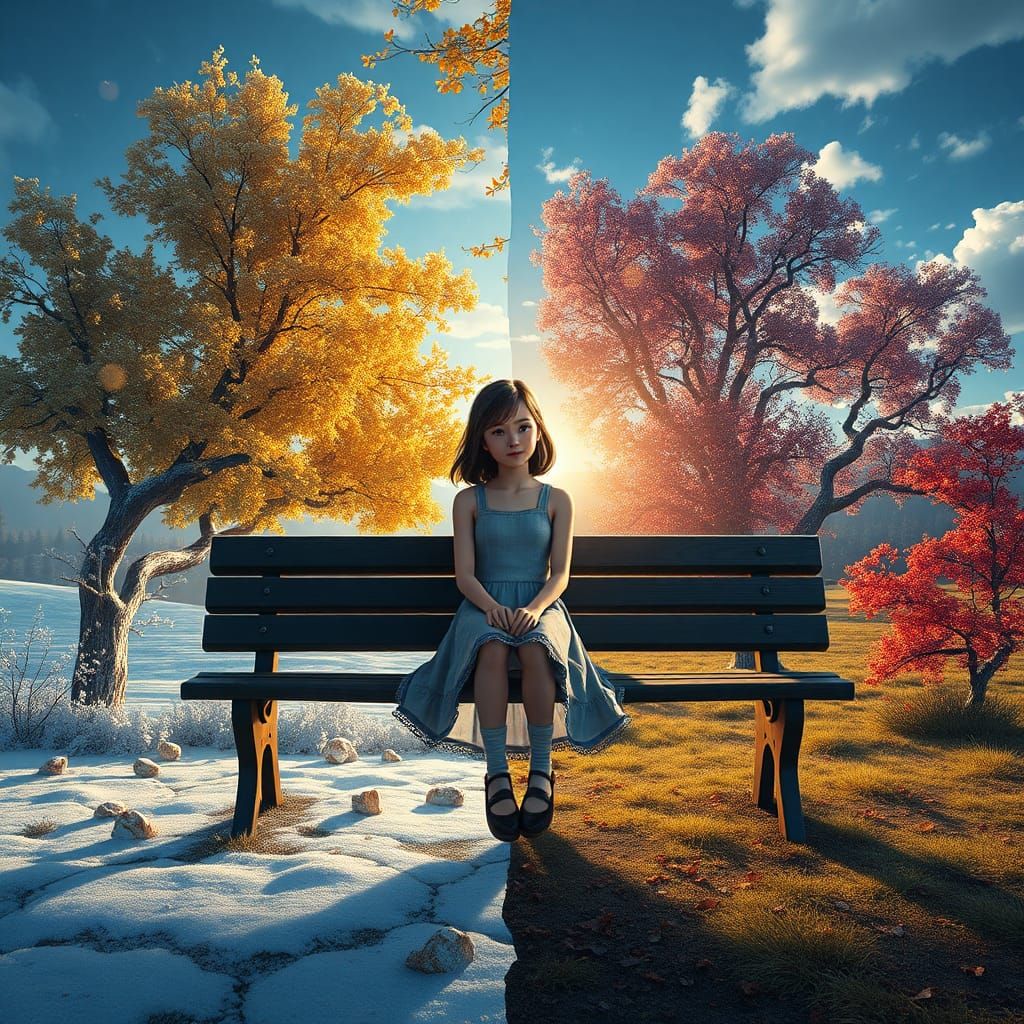 Four Seasons Surround Girl on Bench