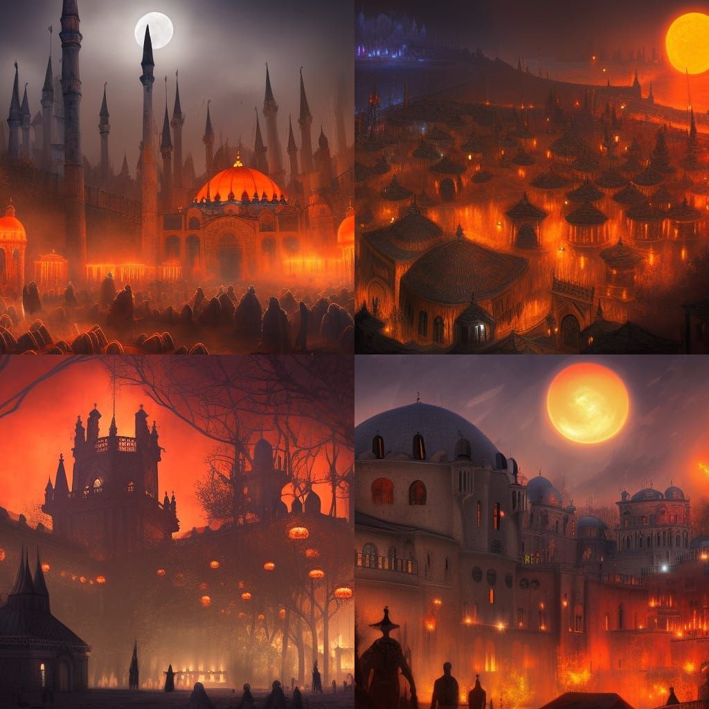 Dark Medieval Ottoman City Park at Night