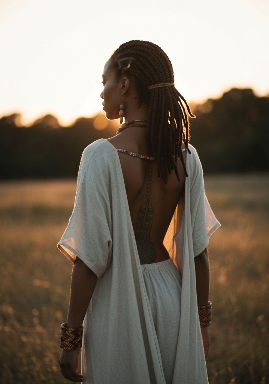 Boho Woman with Braids in Sunset Field
