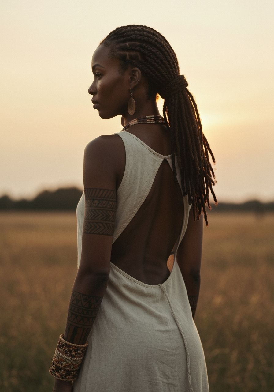Serene Sunset: Woman with Braids and Tattoos