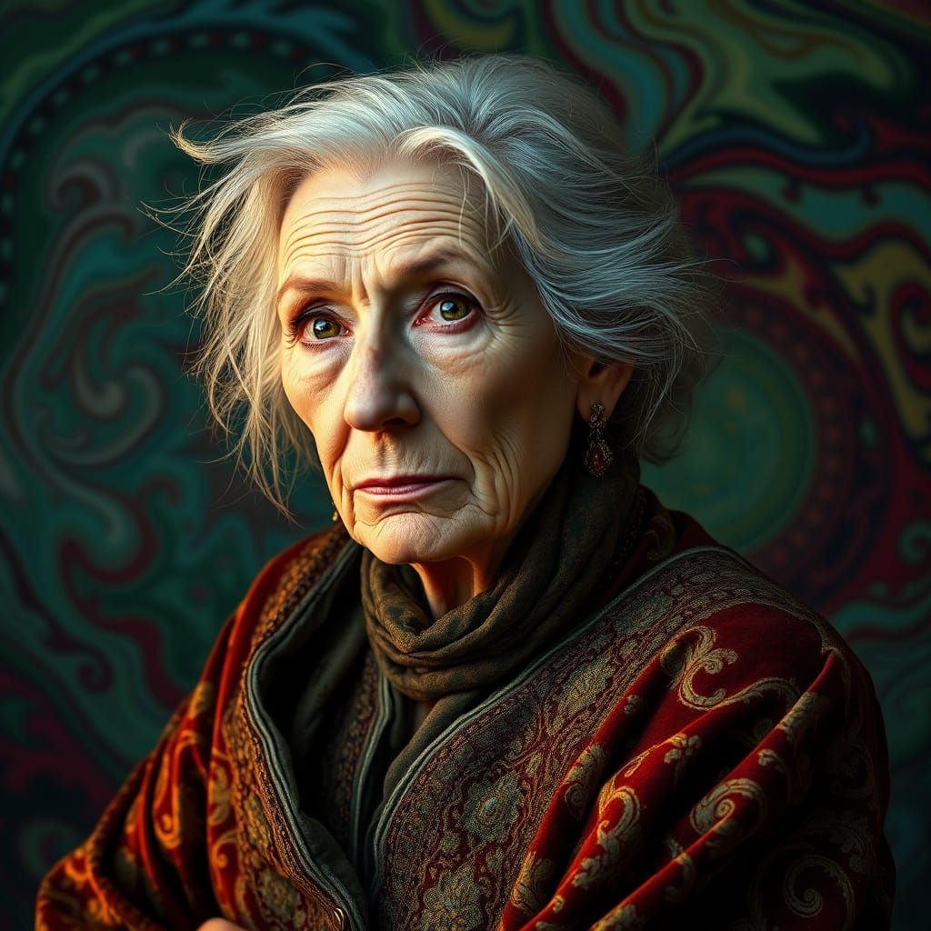 Ethereal Elderly Woman in Vibrant, Whimsical Fantasy Landsca...