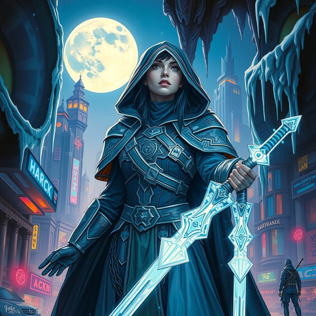 Cyberpunk Wizardess of Midnight Blue Ice Magick