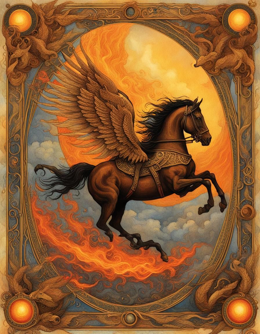 Fiery Chariot Tarot Card in Surrealist Style