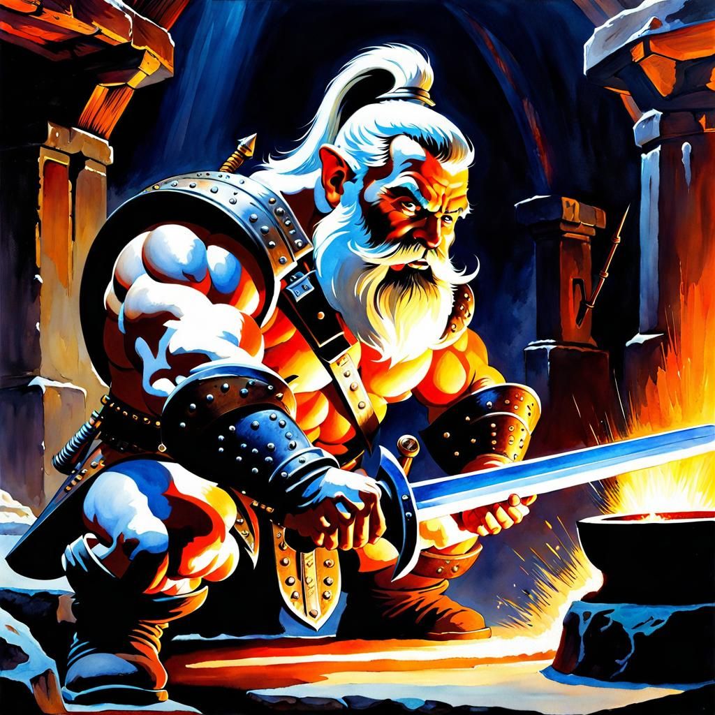 Dwarf Smithing Sword: Watercolor Fantasy Art