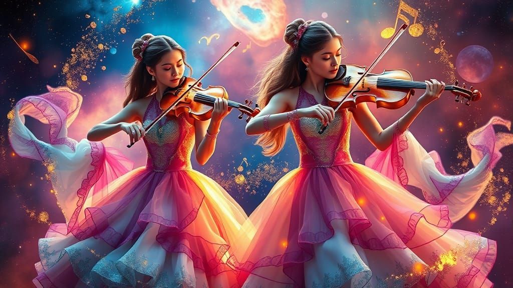 Fantasy Violinists Create Golden Nebula: Hyper-Realistic Spl...