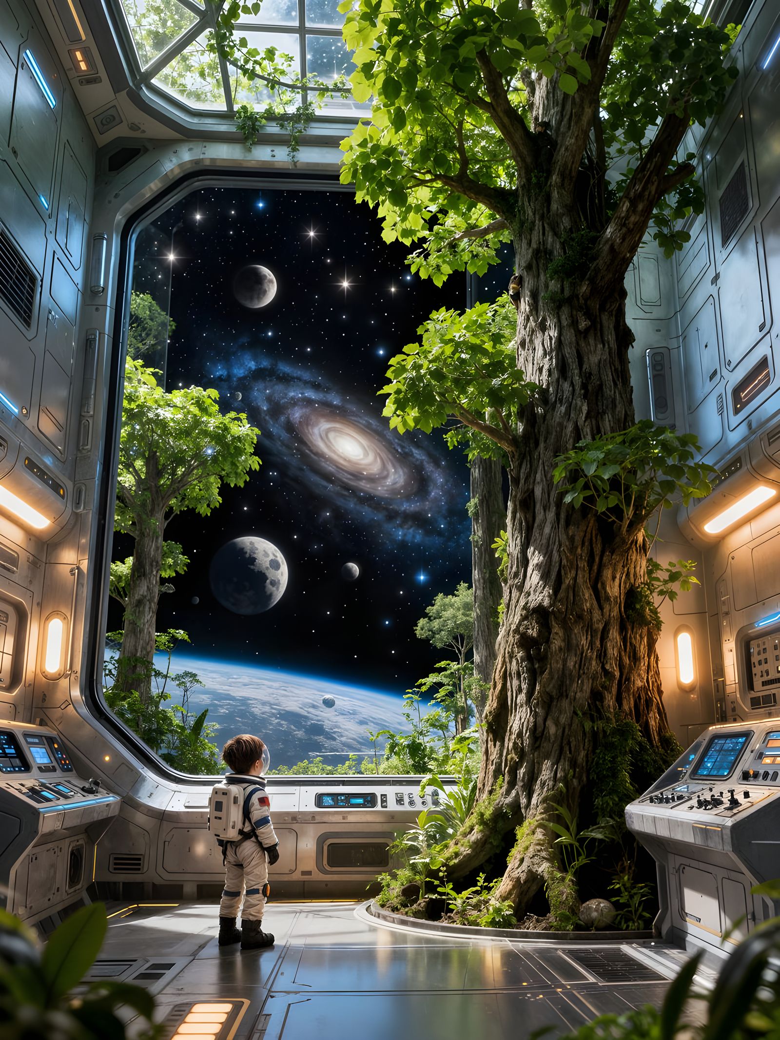 Spaceship Greenhouse with Lush Trees and Cosmic Views