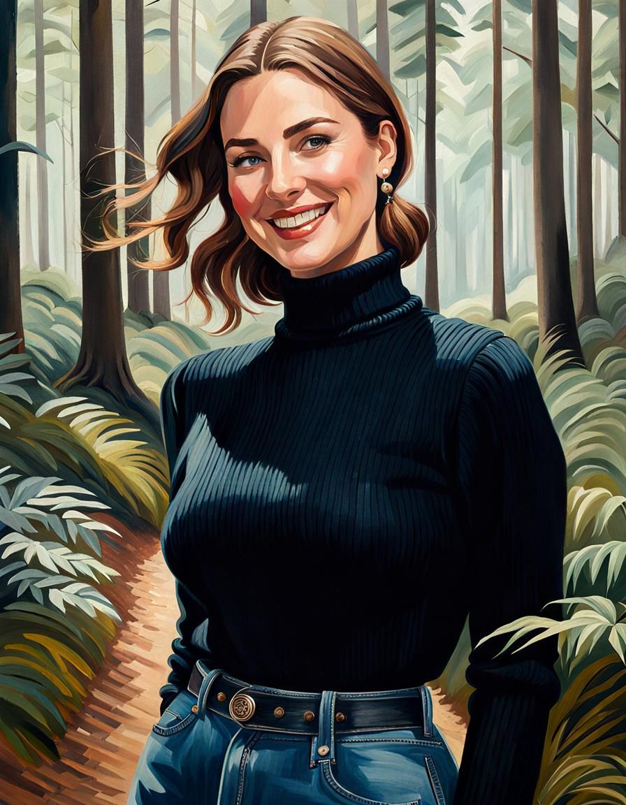 Woman Exploring Forest in Detailed Oil Painting