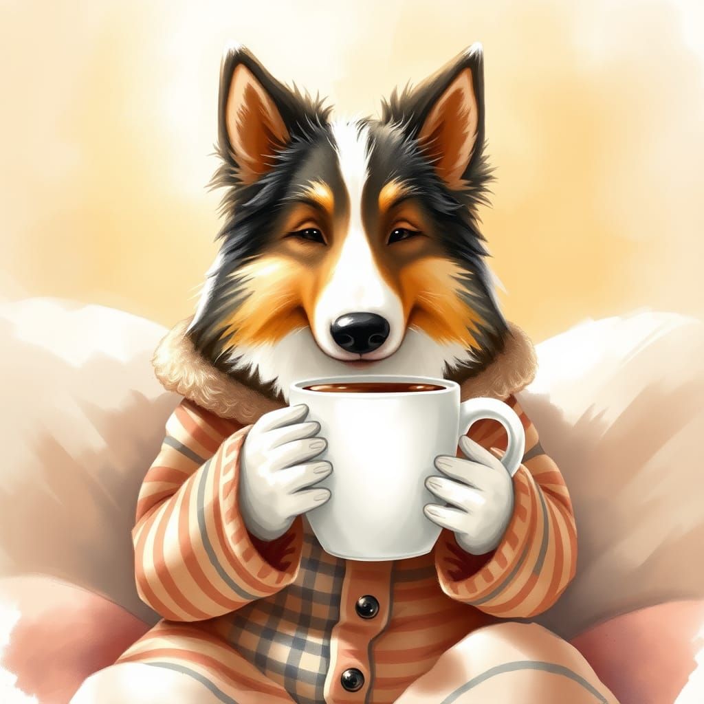 Cozy Collie Morning: Anthropomorphic Dog in Pajamas