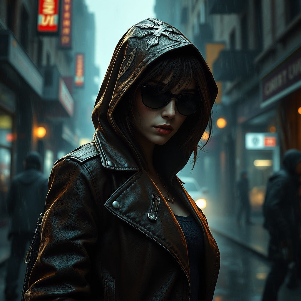 Brunette Assassin in Rainy City Street: Matte Painting