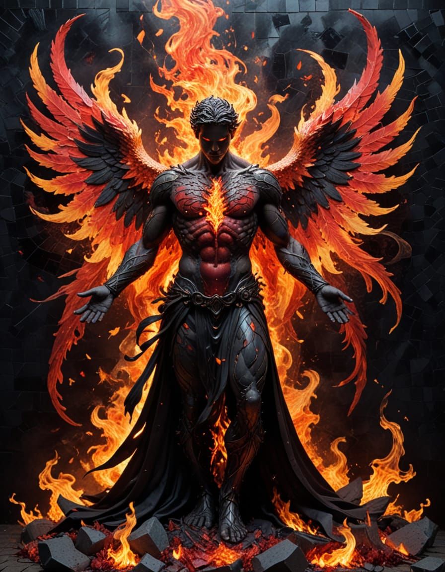 Surrealistic Fallen Angel in Fiery Descent