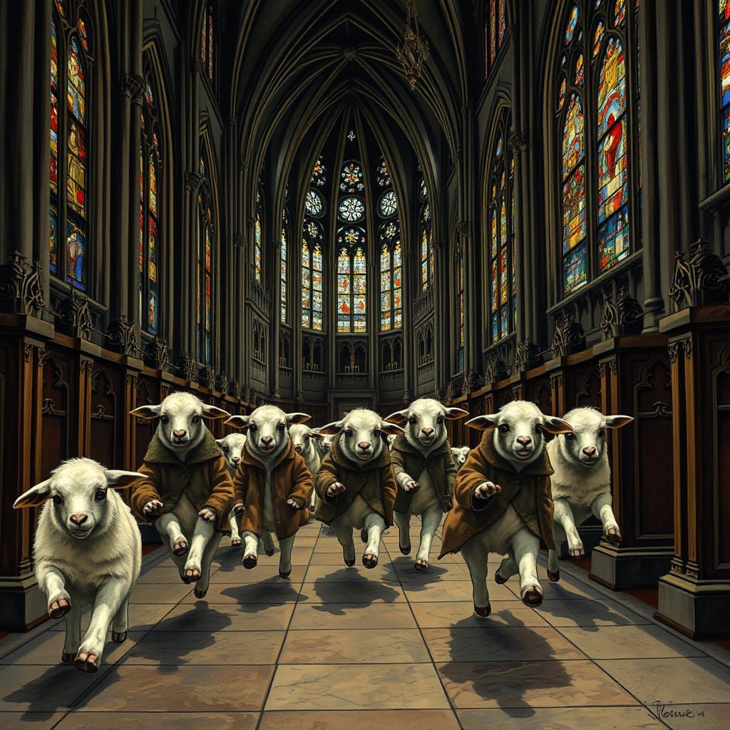 Drunk Lambs in Gothic Cathedral, Art Nouveau Style