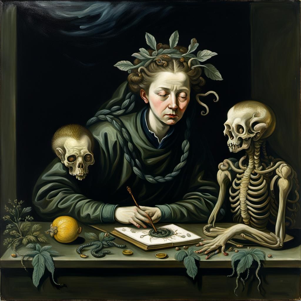 Medusa's Lament: A Portrait in Oil Gouache