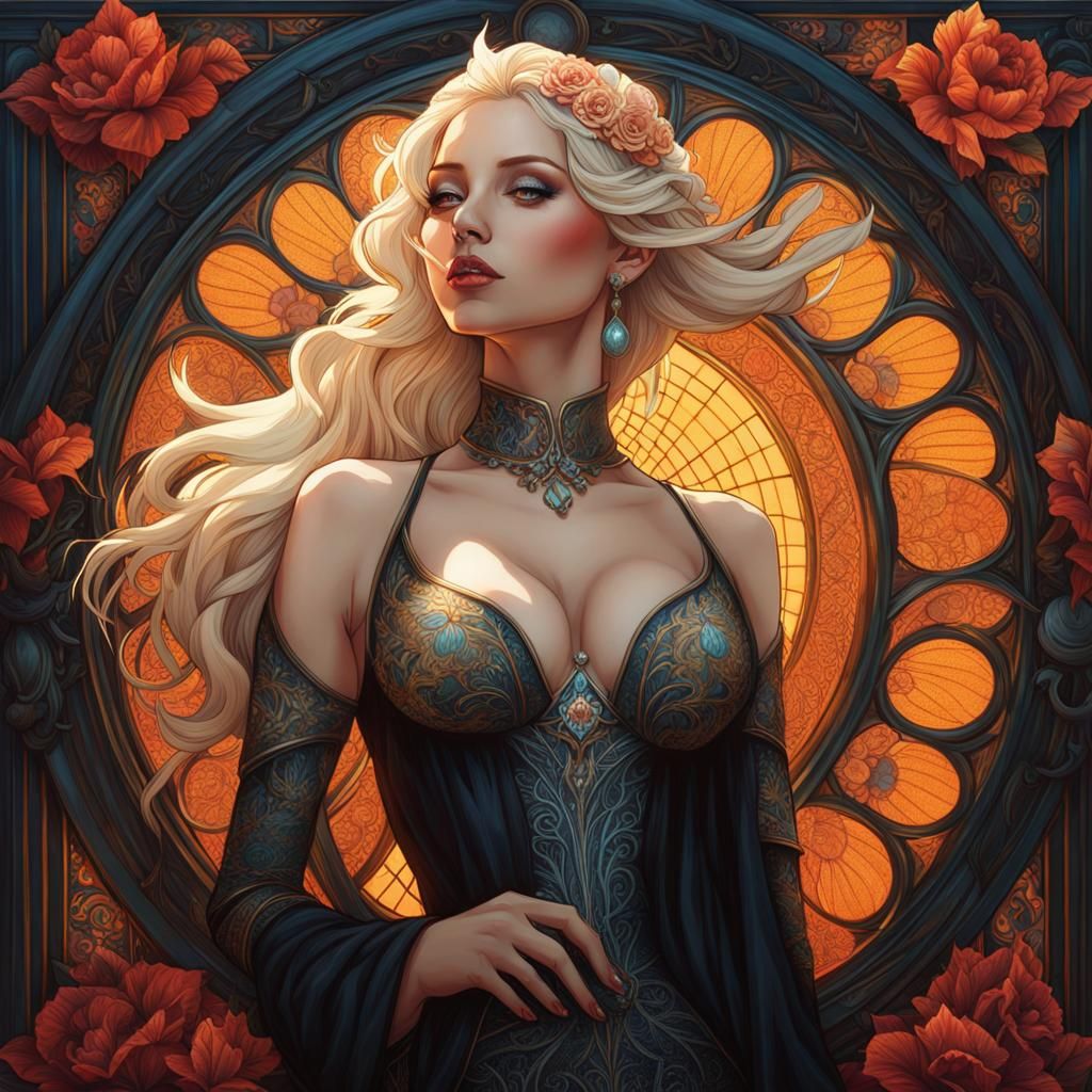 Gothic Art Portrait of Blond Woman Sunbathing