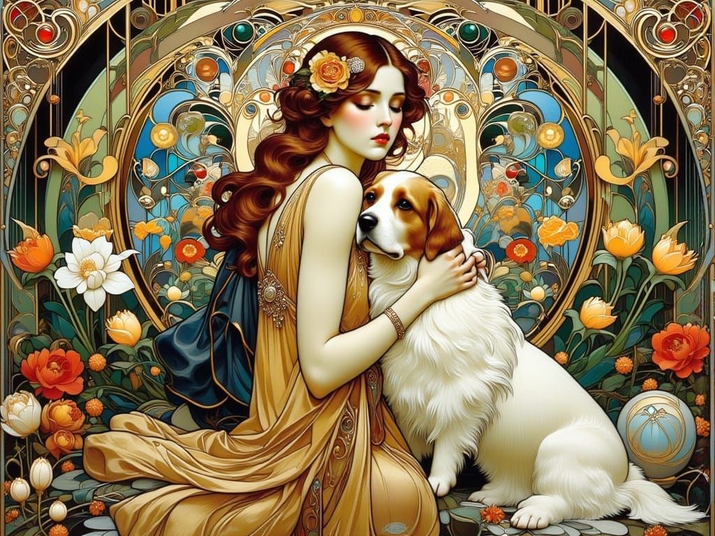 Elegant Woman and Dog in Art Nouveau Style