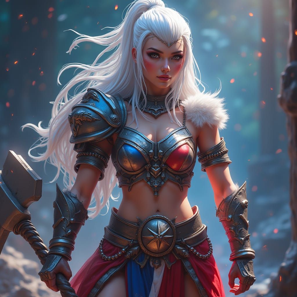 Ethereal Barbarian Warrior in Vibrant Red, White, and Blue A...