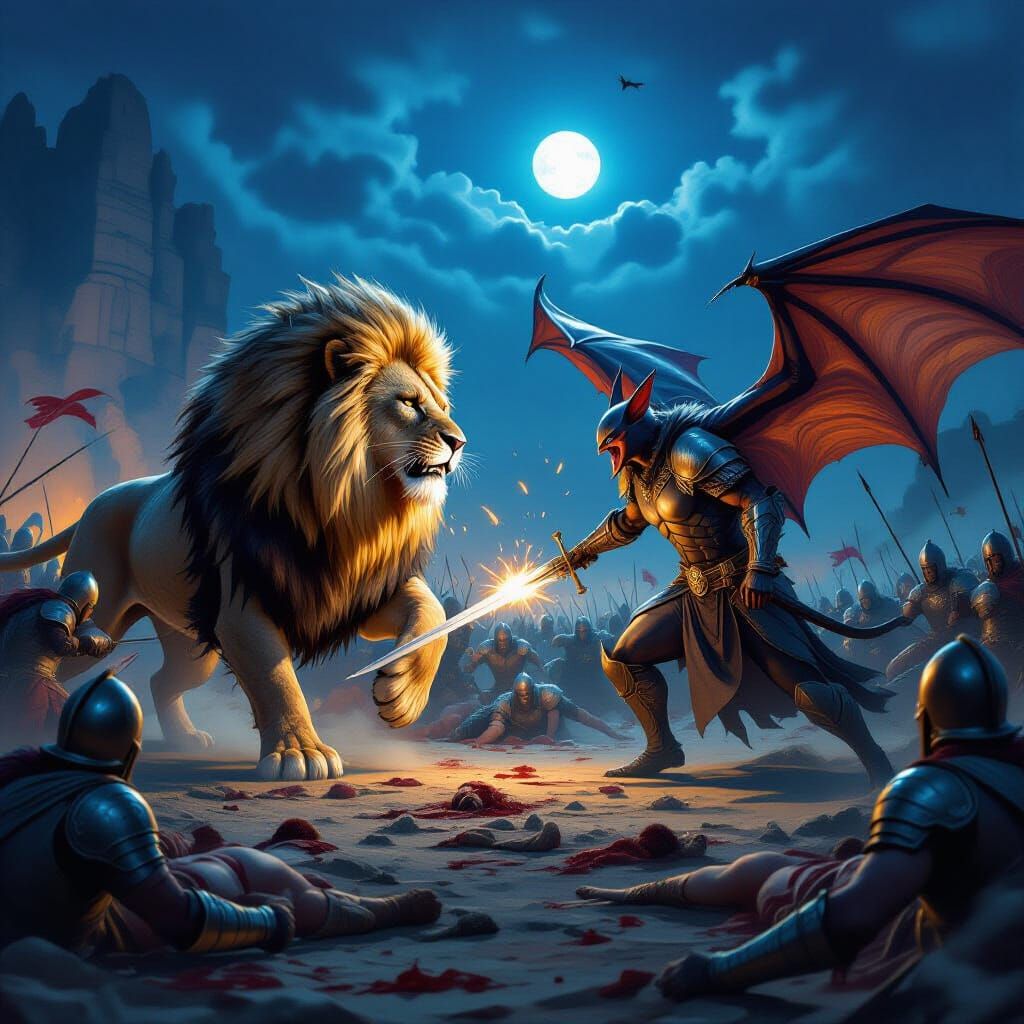 Mythical Lion vs Bat Creature Duel on Battlefield