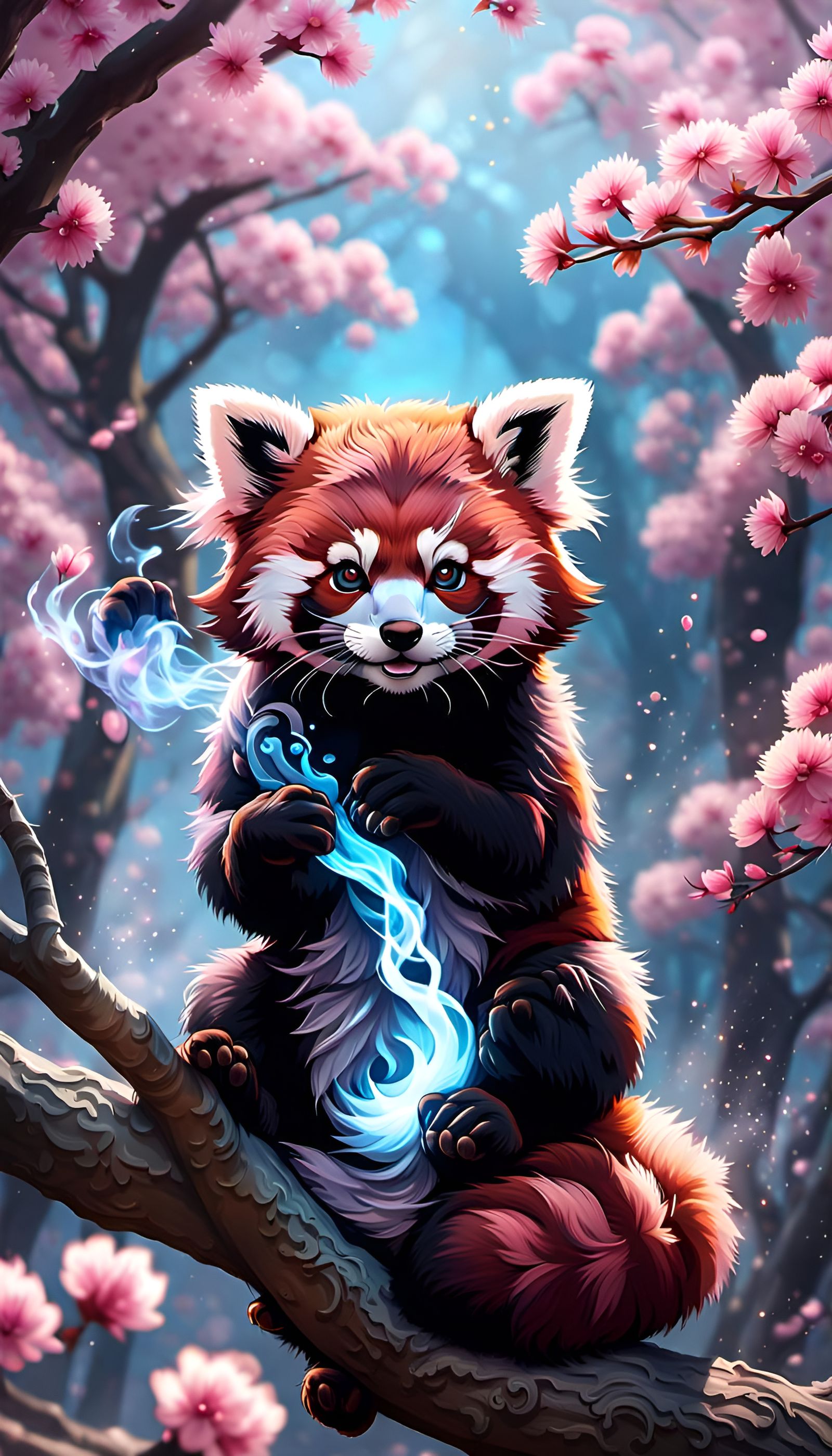 Prismatic Red Panda in Cherry Blossom Tree
