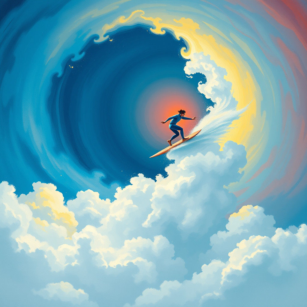Surfer Rides a Cloud in Ukiyo-e Style