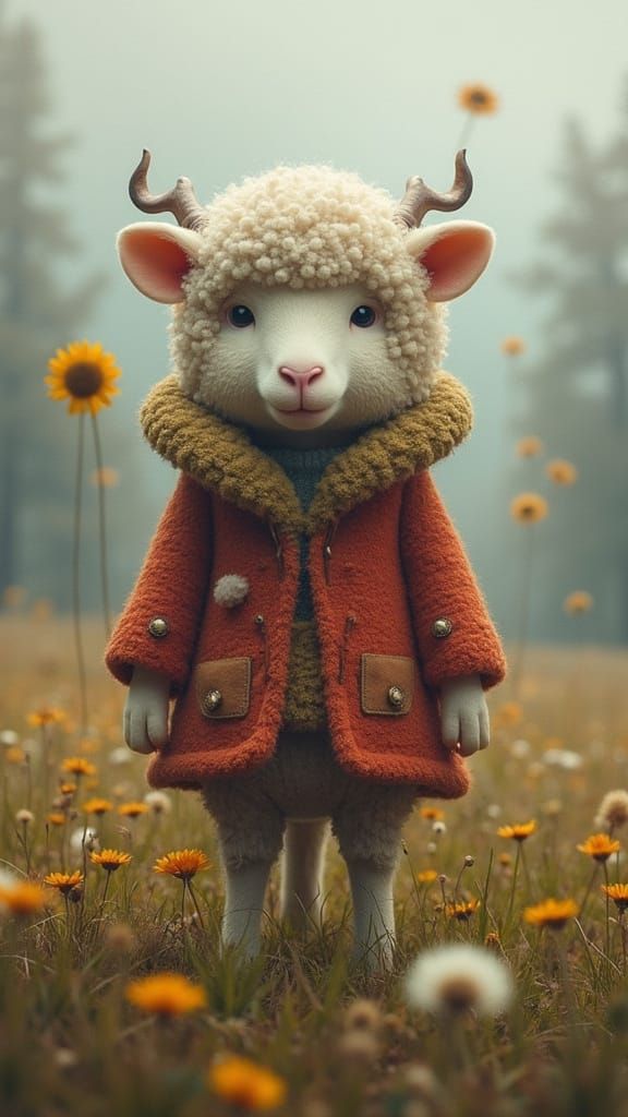 Vibrant Sheep in Whimsical Landscape with Mystical Aura