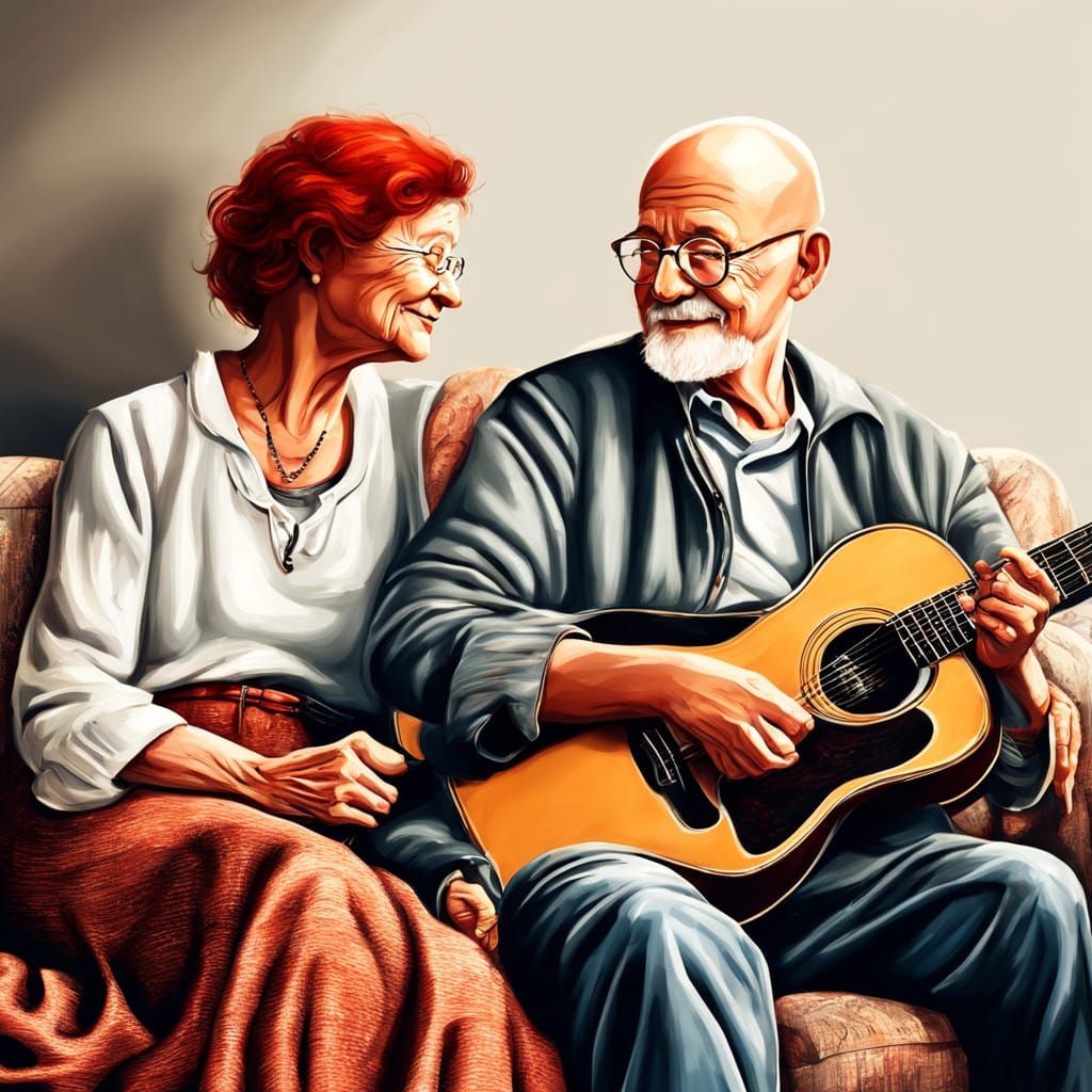 Couple in Love Playing Guitar in Hyperrealistic Detail