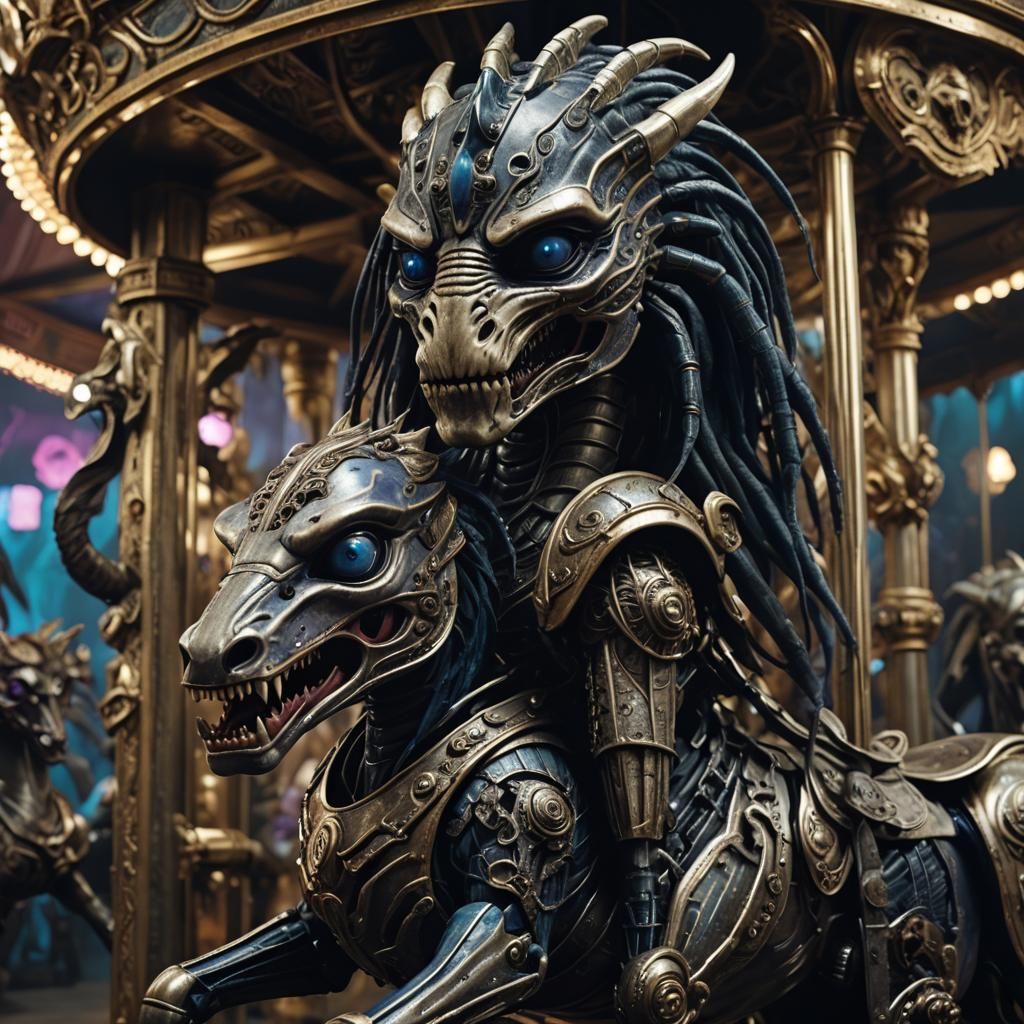 Biomechanical Baby Predator on Carousel: Cinematic Film Stil...