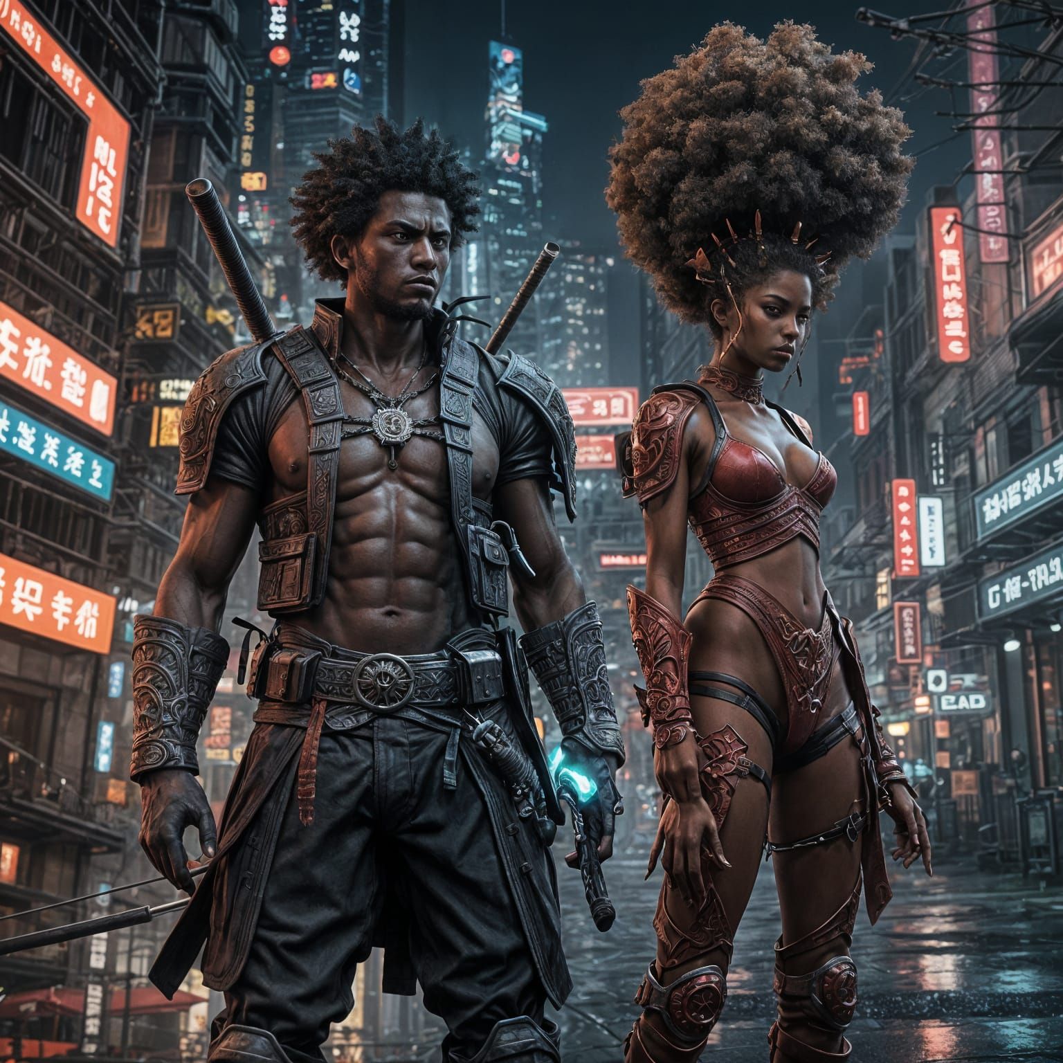 Samurai with Afro in Neon-Lit Tokyo