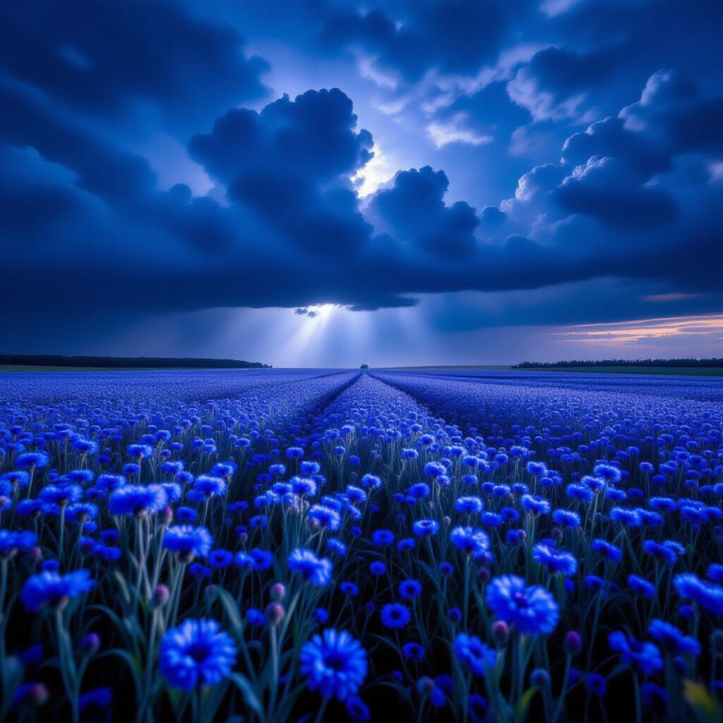 Blue Cornflower Field Under Stormy Skies