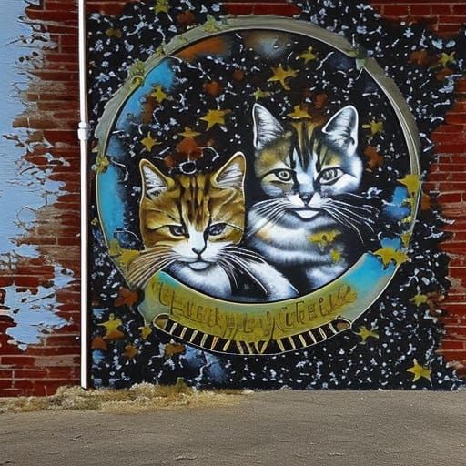 Cosmic Kittens Graffiti Art on Brick Wall