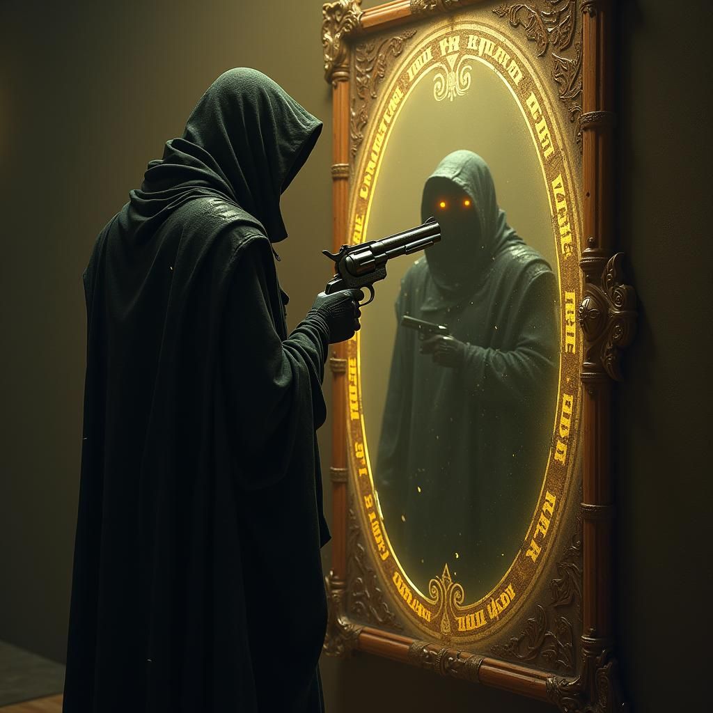 Menacing Figure and Mystical Mirror in High Fantasy Style