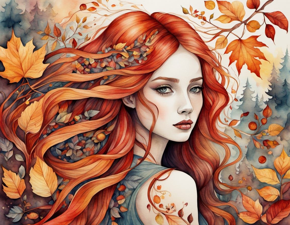 Woman in Autumn Forest with Flowers and Fruits