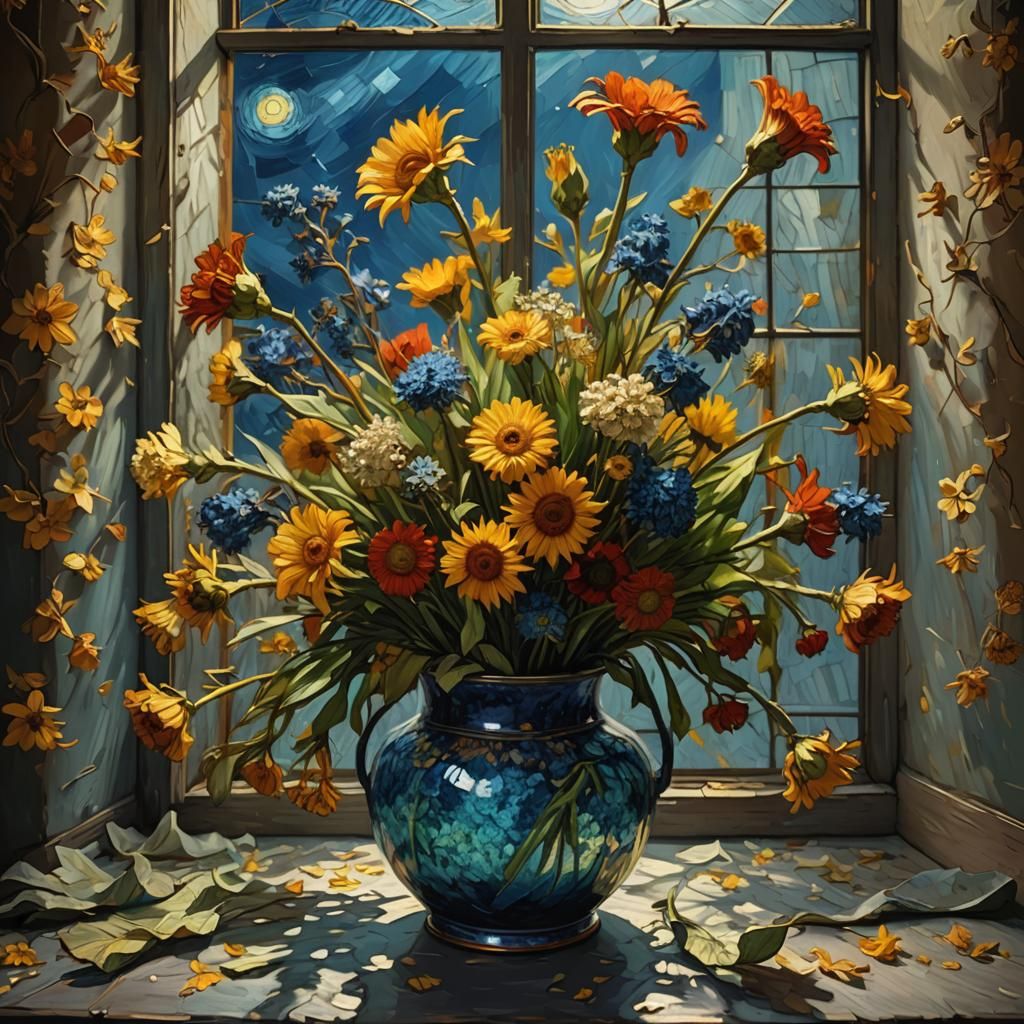 Van Gogh Style Flowers in Vase: Detailed Impressionist Art