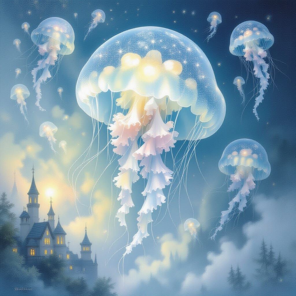 Ethereal Jellyfish in a Painterly Fantasy Landscape