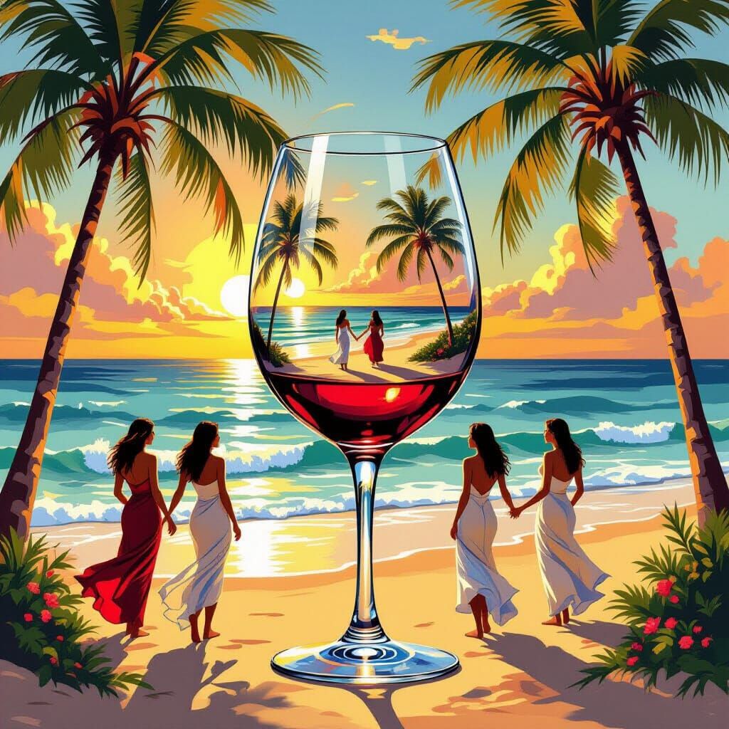 Renaissance Beach Scene Inside Wine Glass