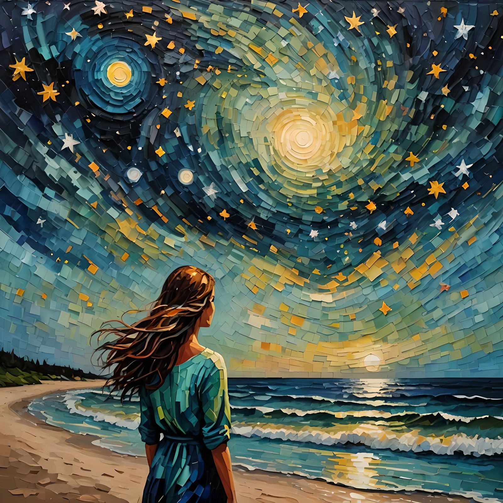 Woman Gazing at Starry Sky as Impasto Painting