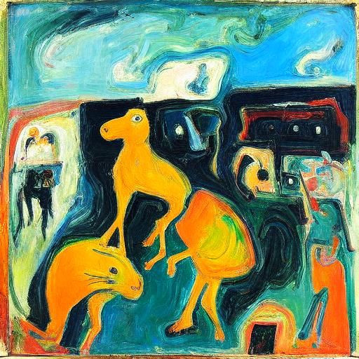 Surreal Kangaroo Woman Car Accident in Naive Art Style