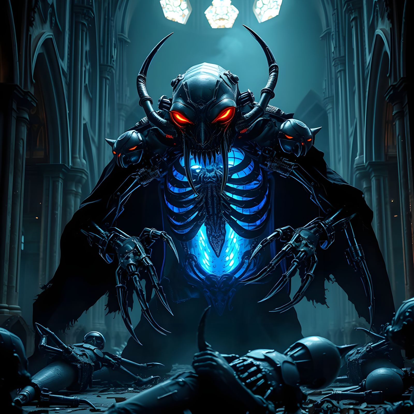 Industrial Gothic Vampire Automaton in Ruined Cathedral