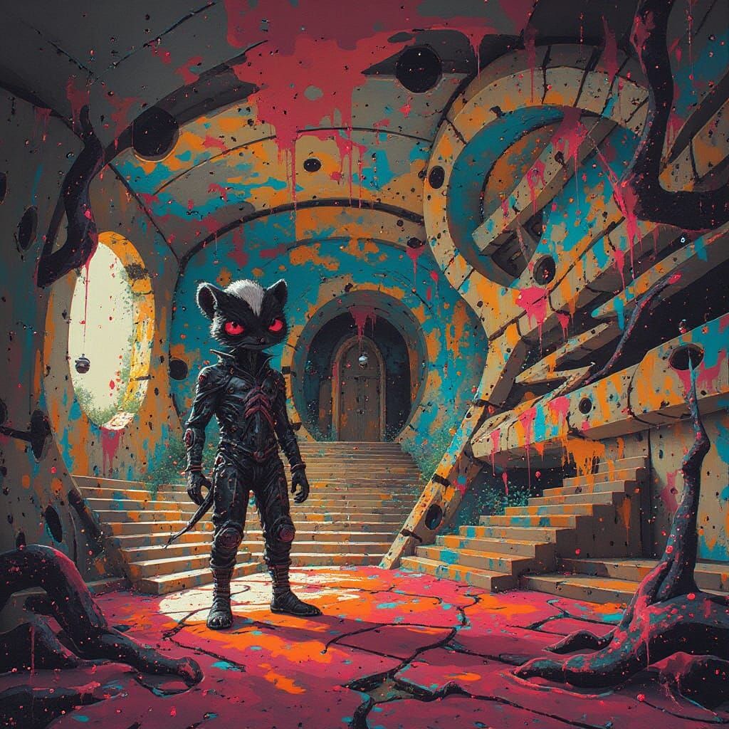 Surreal Skunk-Lizard Hybrid in Alien Home