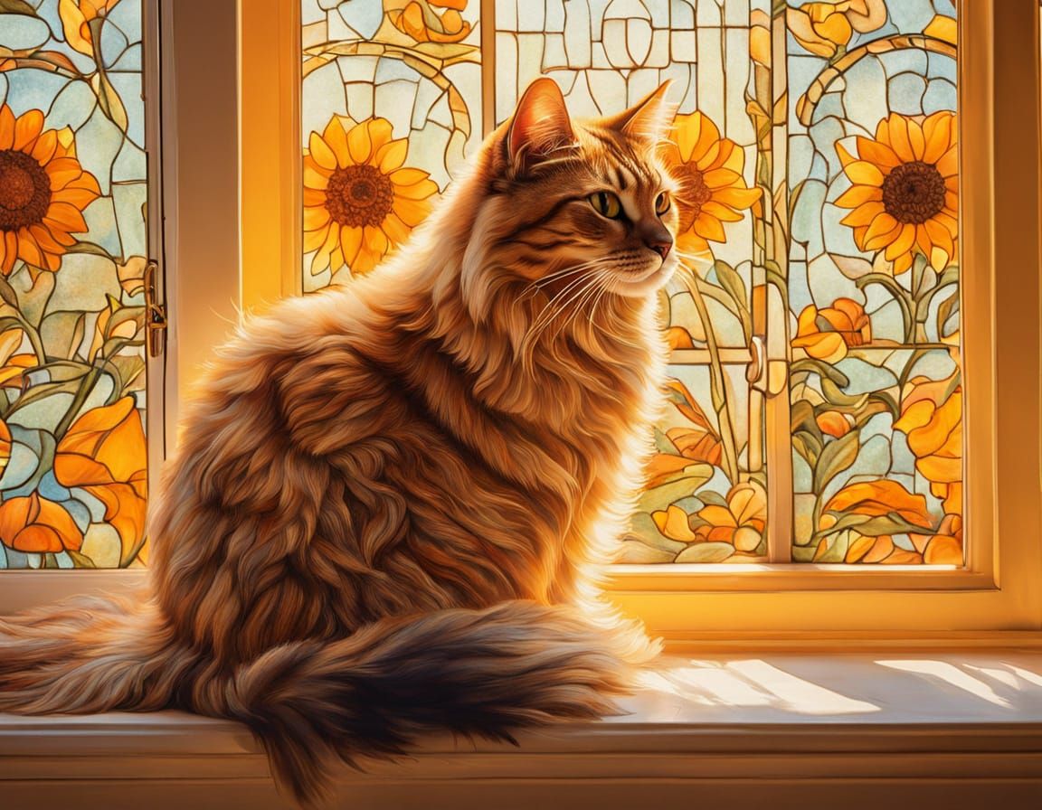Cat and Sunflowers in Art Nouveau Style