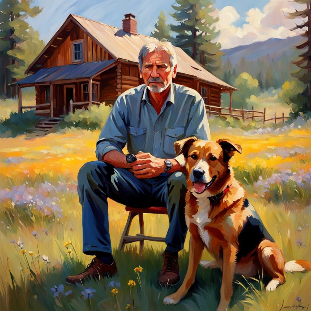 Harrison Ford in Spring Meadow as Impressionist Oil Painting