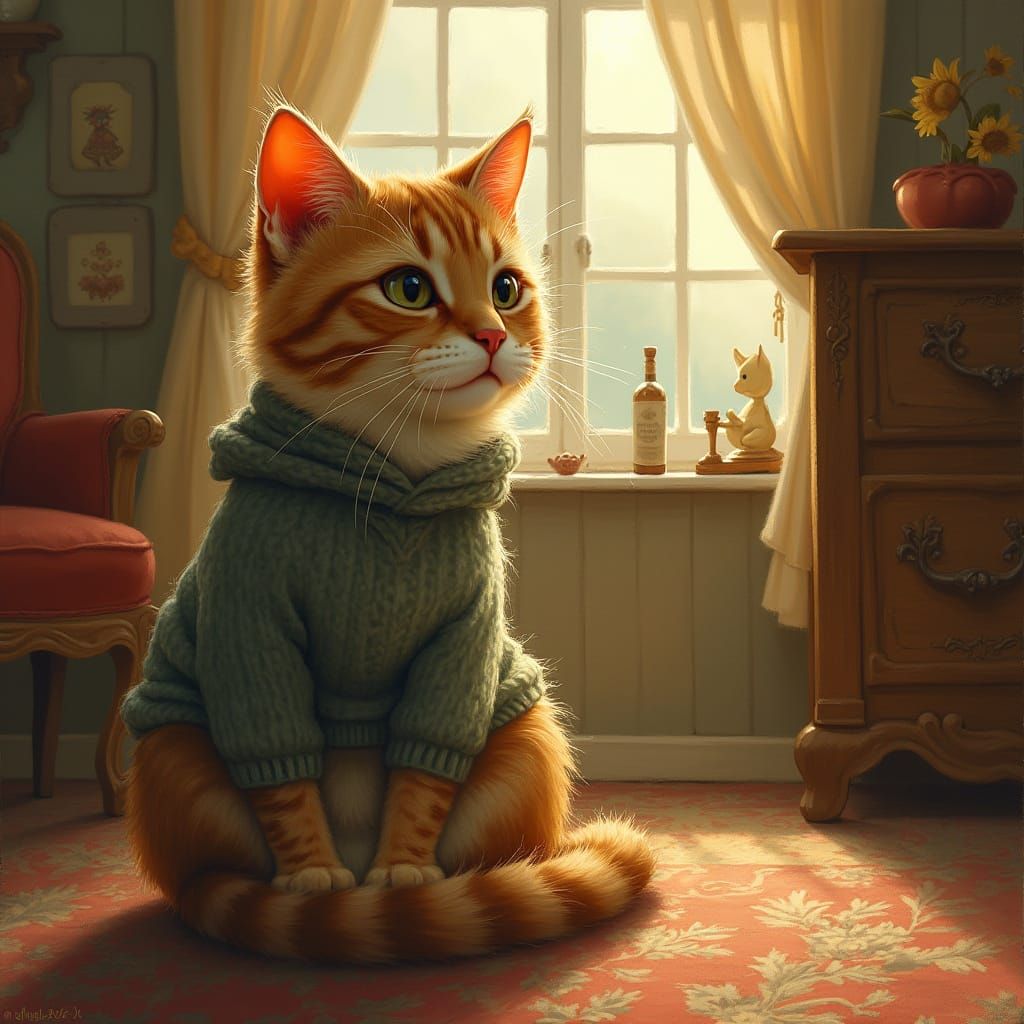 Whimsical Feline in Warm Victorian Parlor