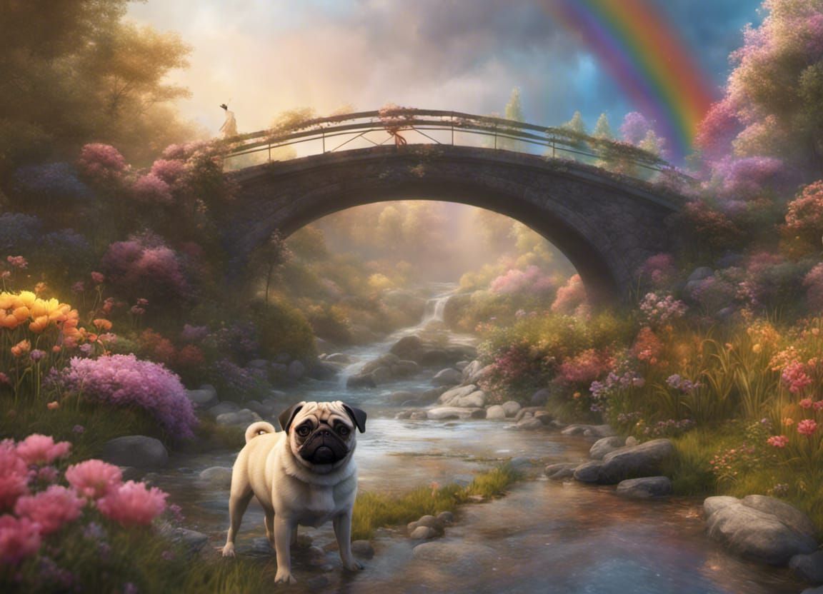 Pug on Rainbow Bridge in Detailed Matte Painting
