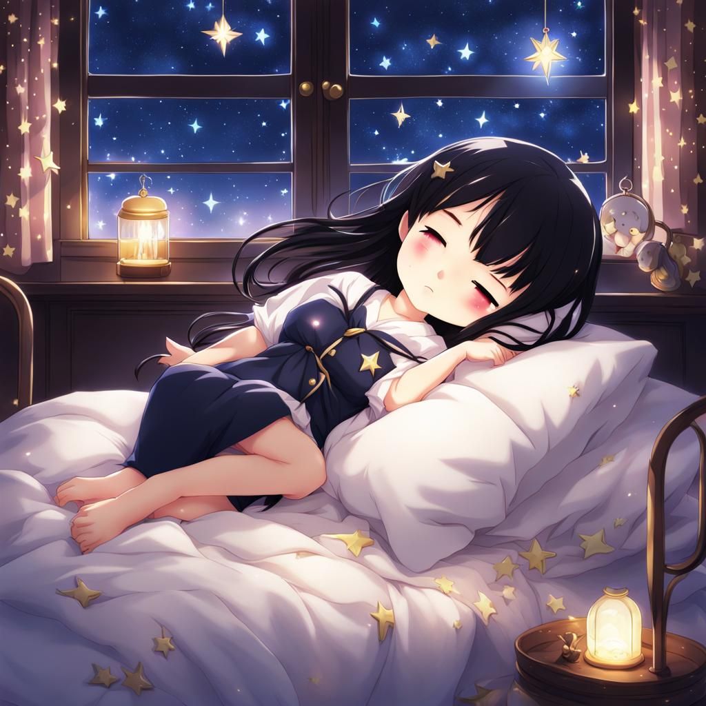 Chibi Girl Sleeping on Starry Sheets: Anime Art