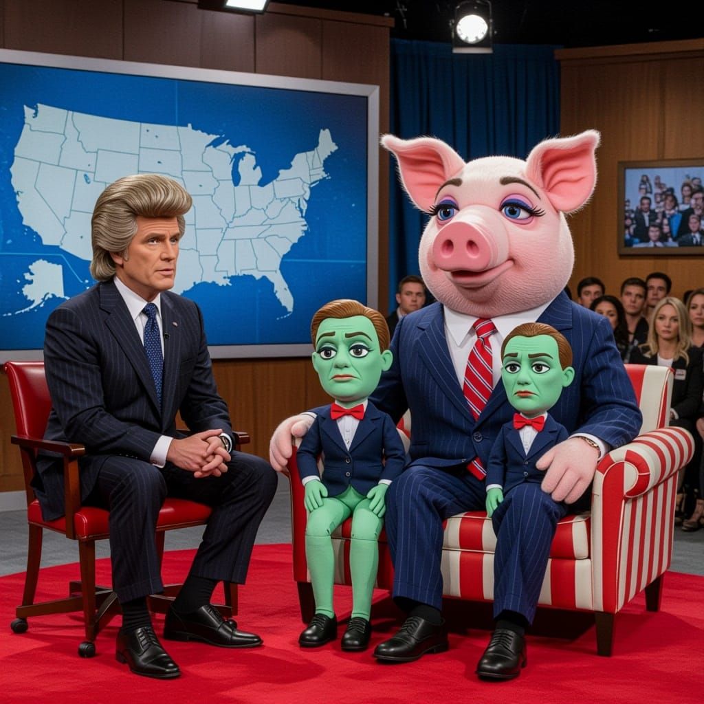 Satirical TV Studio with Pig Creature and Puppets