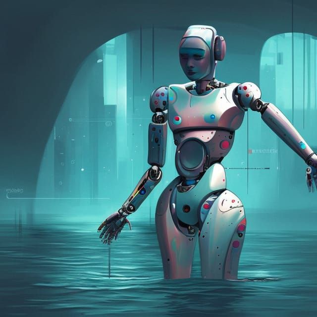 Humanoid Robot Swimming in Cyberpunk Style